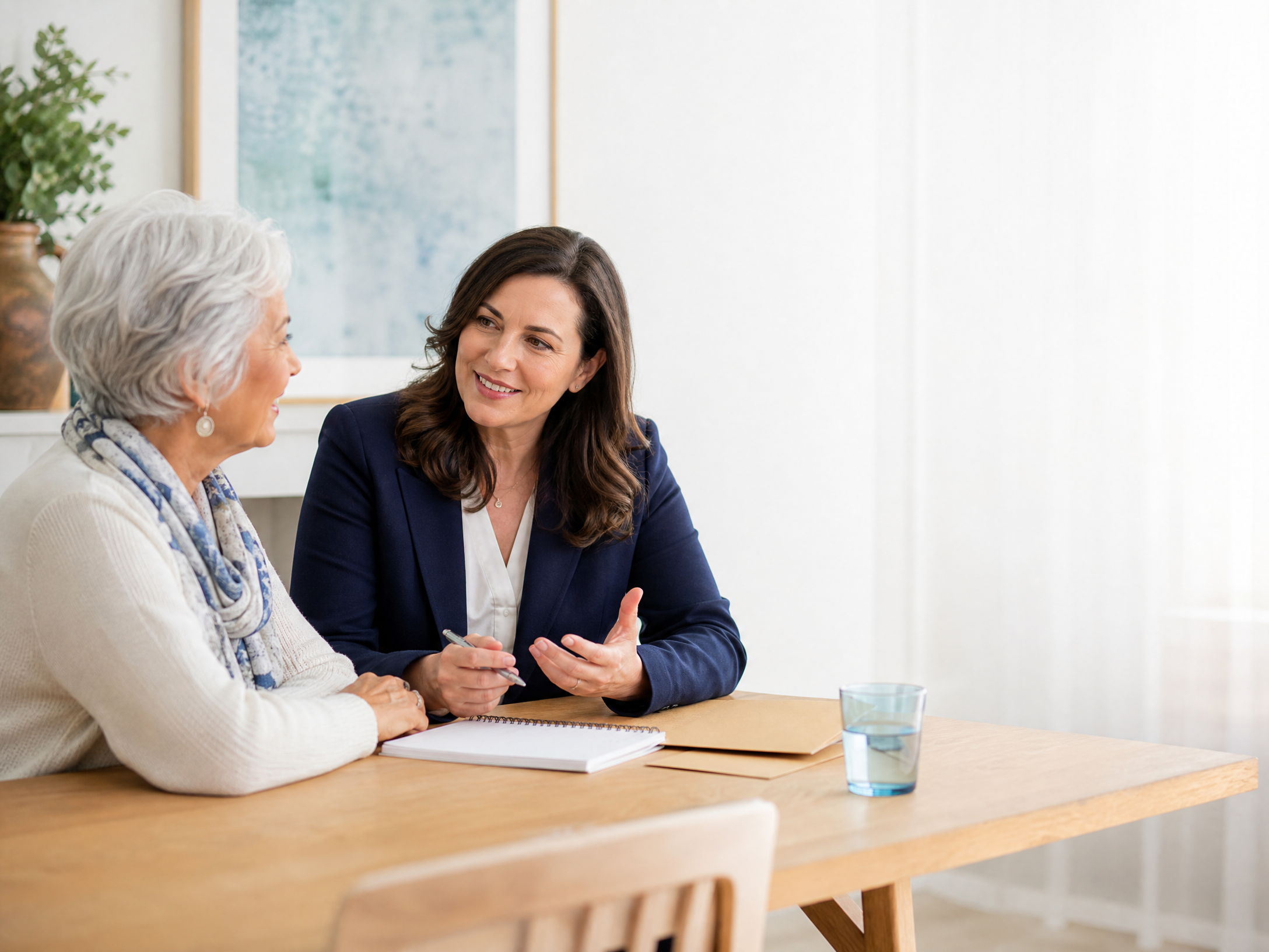 A calm insurance consultation at a table